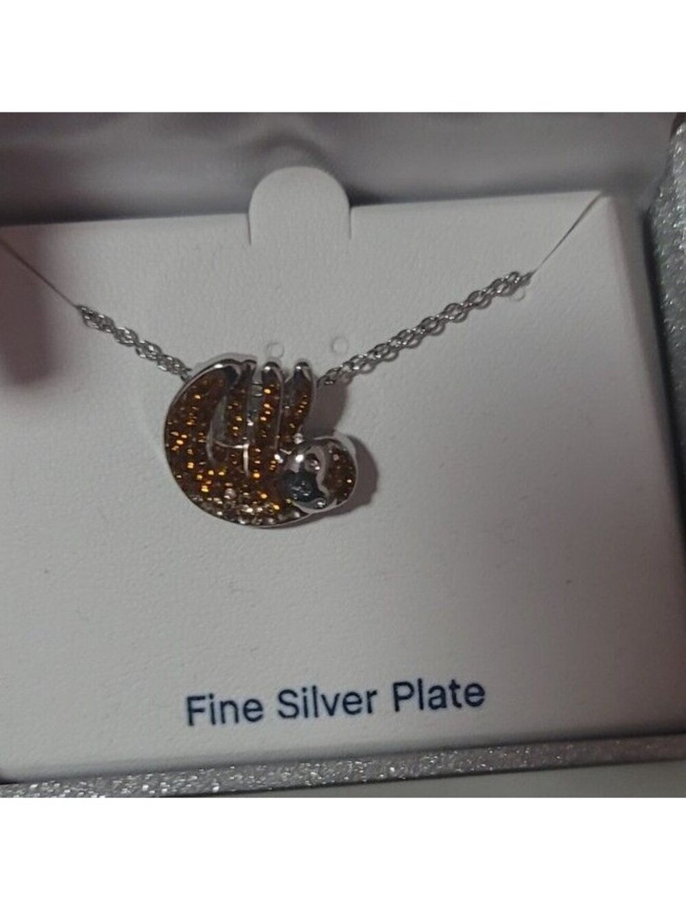FINE SILVER PLATE SLOTH STONE CHARM WITH SILVER NECKLACE NEW IN BOX